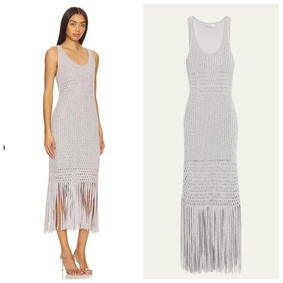 NEW SIMKHAI Jocelyn Open-Stitch Fringe Metallic Silver Midi Dress NWT Medium - Picture 9 of 12